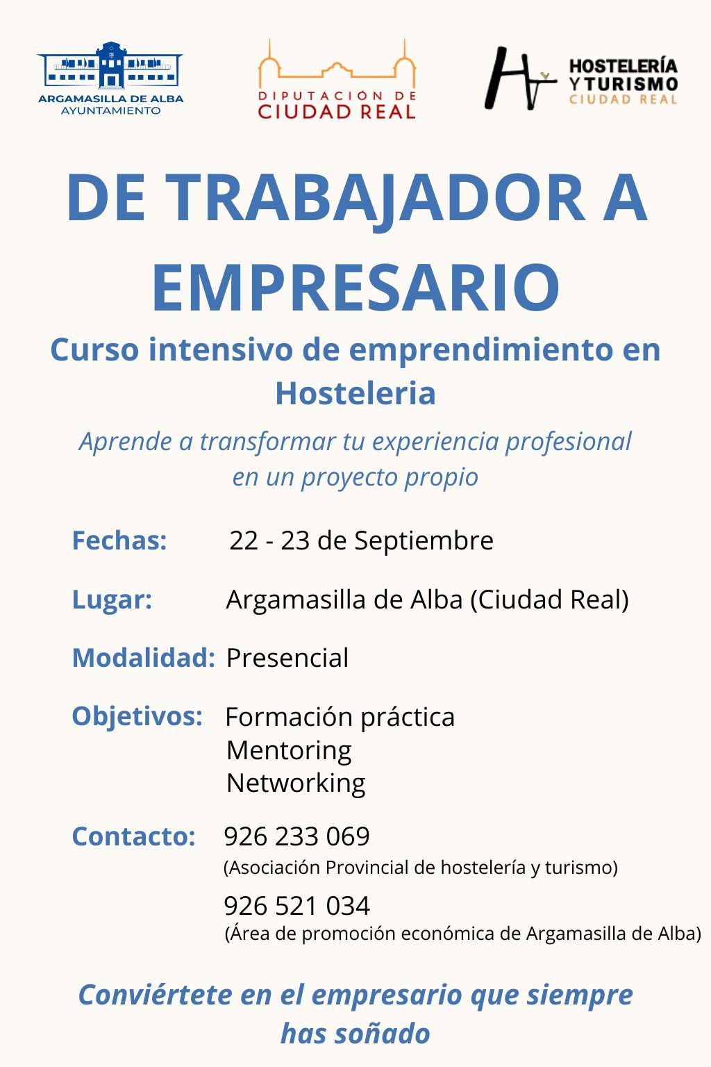 “De trabajador a empresario” curso en hostelería en Argamasilla de Alba, Ciudad Real